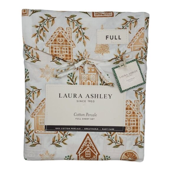 Laura Ashley Full Sheet Set Cotton Percale Gingerbread Holiday Print Breathable - Picture 1 of 9